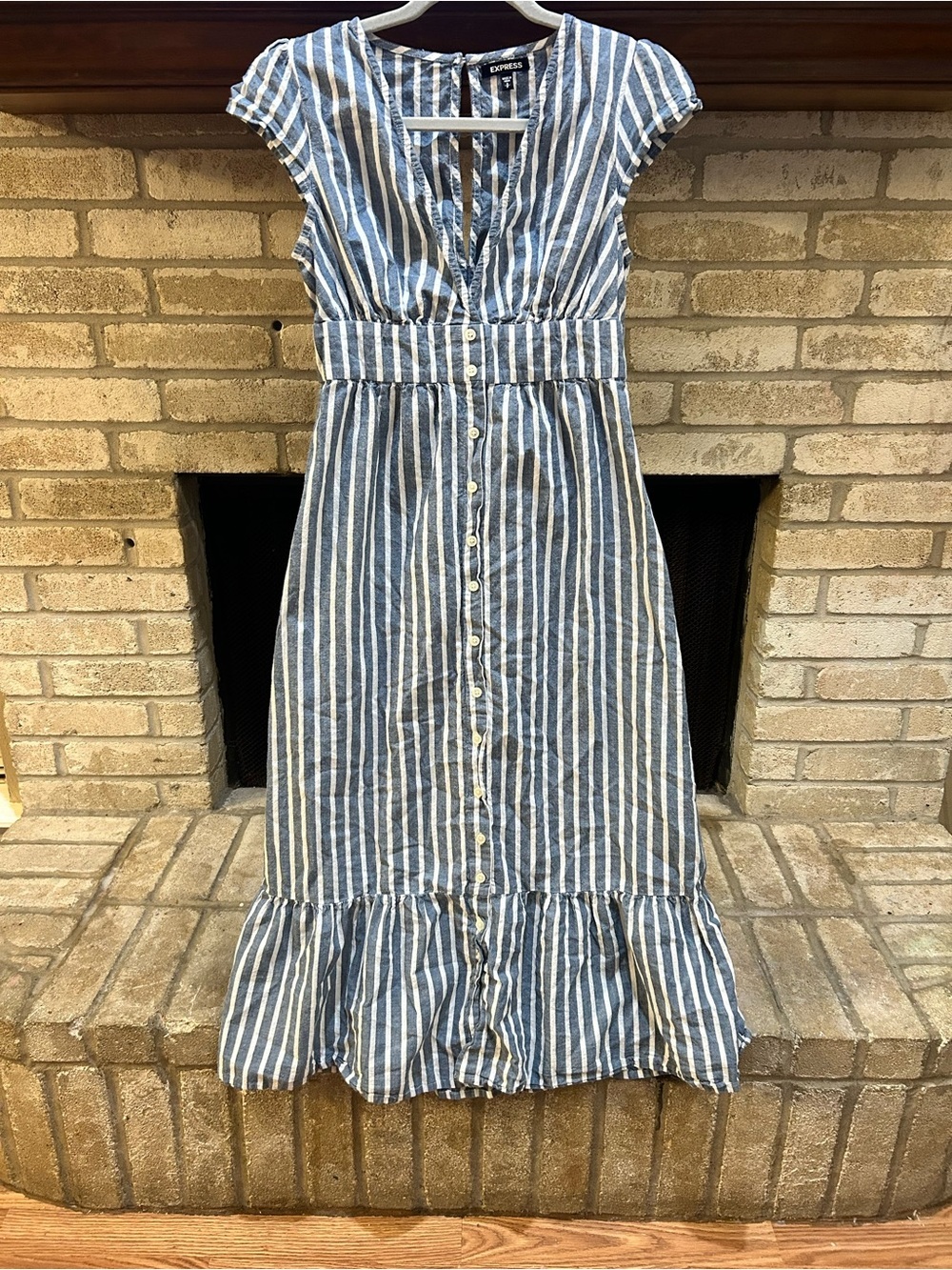 Express Blue and White Striped Button-Front Midi Dress EUC